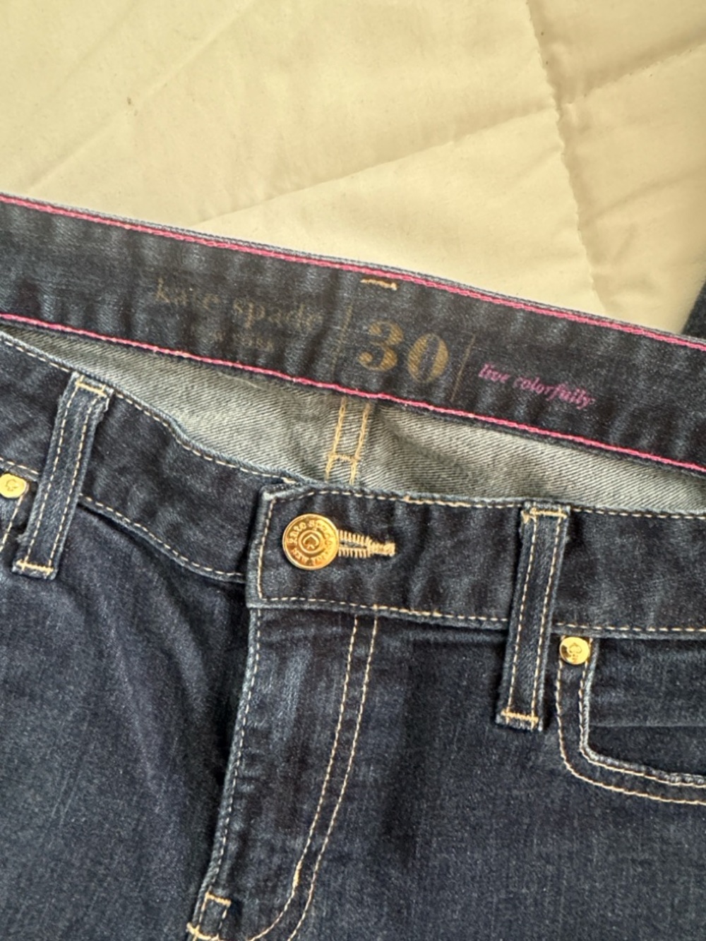 ✨KATE SPADE Broomstreet Dark Wash Straight Jeans w/Pink Trim & Gold Spade  Sz30✨